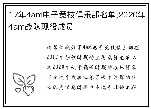 17年4am电子竞技俱乐部名单;2020年4am战队现役成员